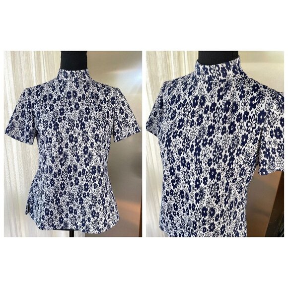Vintage 70s top, crazy daisies, navy blue short sleeves shirt - Picture 9 of 9